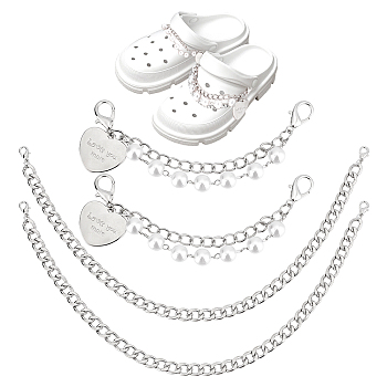 Fingerinspire 4Pcs 2 Style Iron Shoe Chain, with Alloy Clasp & Heart Pendant and ABS Beads, Platinum, 125~328mm, 2pcs/style