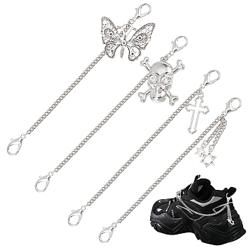 Elite 4Pcs 4 Style Zinc Alloy Shoe Curb Chains, with Pendant and Lobster Claw Clasps, for Shoe Decoration Accessories, Butterfly & Cross & Star & Skull, Platinum, 164~176x3.5mm, 1pc/style