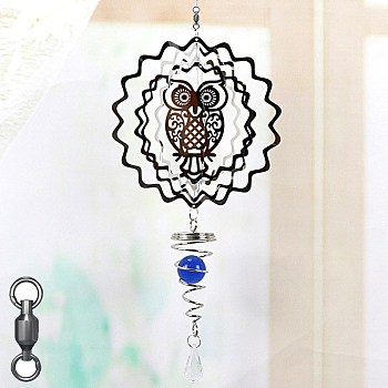 Stainless Steel Wind Chines, Outdoor, Home Hanging Decoration with Royal Blue Glass Beads, Stainless Steel Color, Owl Pattern, 500x145mm
