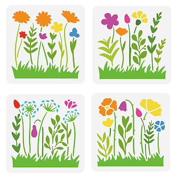 4Pcs 4 Styles PET Hollow Out Drawing Painting Stencils, for DIY Scrapbook, Photo Album, Flower, 150x150mm, 1pc/style