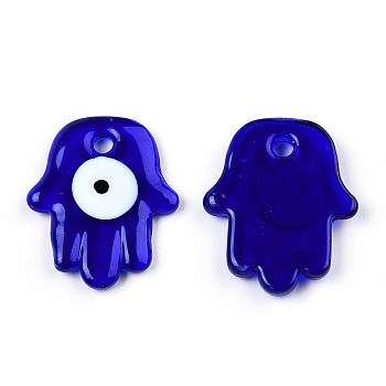 Transparent Handmade Lampwork Pendants, Evil Eye Charms, Religion Hamsa Hand, Blue, 35x29x4.5~5.5mm, Hole: 4mm