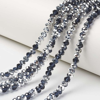 Electroplate Transparent Glass Beads Strands, Half Silver Plated, Faceted, Rondelle, Prussian Blue, 6x5mm, Hole: 1mm, about 83~85pcs/strand, 38~39cm