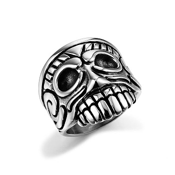 Stainless Steel Signet Rings, Skull, Antique Silver, US Size 9(18.9mm)