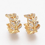 Brass Micro Pave Clear Cubic Zirconia Huggie Hoop Earrings, Leafy Branches, Long-Lasting Plated, Real 18K Gold Plated, 13x8mm, Pin: 1mm(EJEW-L231-39G)