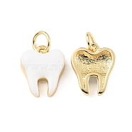 Rack Plating Brass Enamel Charms, Cadmium Free & Lead Free, Long-Lasting Plated, with Jump Ring, Teeth Charm, Real 18K Gold Plated, White, 11x9.5x3.5mm, Hole: 3.2mm(KK-C021-03G)