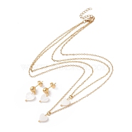 Synthetic Shell Heart Pendant Double Layer Necklaces and Dangle Stud Earrings, Gold Plated 304 Stainless Steel Jewelry Sets for Women, White, 16.22 inch(41.2cm), 20~21.5mm, Pin: 0.8mm(SJEW-F217-05B-G)