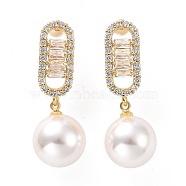 Clear Cubic Zirconia Oval with Plastic Pearl Dangle Stud Earrings, Light Gold Plated Brass Jewelry for Women, Cadmium Free & Lead Free, White, 35mm, Pin: 0.9mm(EJEW-A072-11LG-A)