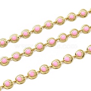 Brass Link Chains, with Enamel, Spool, Long-Lasting Plated, Unwelded, Flat Round, Golden, Pink, Links: 9x6x1.5mm(CHC-L039-47B-G)