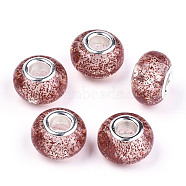 Epoxy Resin European Beads, Large Hole Beads, with Glitter Powder and Platinum Tone Brass Double Cores, Rondelle, Indian Red, 14x9mm, Hole: 5mm(RPDL-N015-02E)