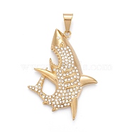 304 Stainless Steel Big Pendants, with Crystal Rhinestone, Shark, Golden, 63.5x47x8mm, Hole: 6.5x12mm(STAS-I163-047G)
