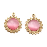 304 Stainless Steel Pendants, with Cat Eye, Sun Charms, Real 14K Gold Plated, Pearl Pink, 19x16x5mm, Hole: 1.6mm(STAS-L022-078G)