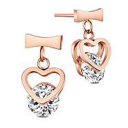 SHEGRACE Titanium Steel Dangle Stud Earrings, with Grade AAA Cubic Zirconia, Heart, Clear, Rose Gold, 7x2.3mm, 6.5x8mm(JE683A)