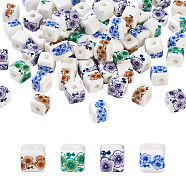 72Pcs 4 Color Handmade Porcelain Ceramic Beads Strands, Flower Printed, Cube, Mixed Color, 9x9x9mm, Hole: 2.5mm, 18pcs/color(PORC-FW0001-01)