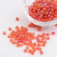 6/0 Transparent Rainbow Colours Round Glass Seed Beads, Orange Red, Size: about 4mm in diameter, hole:1.5mm, about 495pcs/50g(X-SEED-A007-4mm-169B)