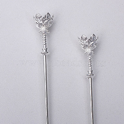 Iron Hair Stick Findings, with Alloy Cabochons Setting, Lotus, Silver, 120x2.5mm, Tray: 10~12mm(OHAR-PW0001-287S)