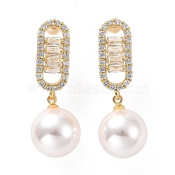 Clear Cubic Zirconia Oval with Plastic Pearl Dangle Stud Earrings, Light Gold Plated Brass Jewelry for Women, Cadmium Free & Lead Free, White, 35mm, Pin: 0.9mm(EJEW-A072-11LG-A)