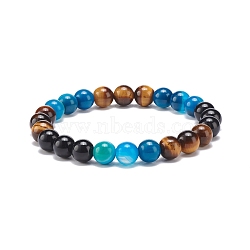 Natural Agate & Tiger Eye & Black Onyx Round Beaded Stretch Bracelet, Gemstone Jewelry for Women, Deep Sky Blue, Inner Diameter: 2-1/8 inch(5.4cm)(BJEW-JB08400-02)