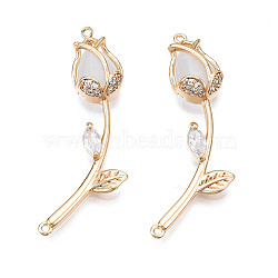 Brass Micro Pave Clear Cubic Zirconia Link Connectors, with Shell, Nickel Free, Flower, Real 18K Gold Plated, 33.5x11.5x4mm, Hole: 0.9mm(X-KK-Q278-004-NF)