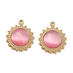 304 Stainless Steel Pendants, with Cat Eye, Sun Charms, Real 14K Gold Plated, Pearl Pink, 19x16x5mm, Hole: 1.6mm(STAS-L022-078G)