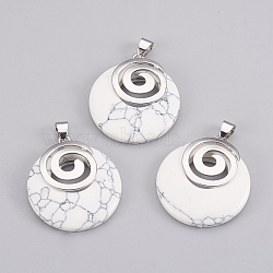 Synthetic Howlite Pendants, with Platinum Tone Brass Findings, Flat Round, 32x28x6mm, Hole: 4x5mm(KK-F751-D05)