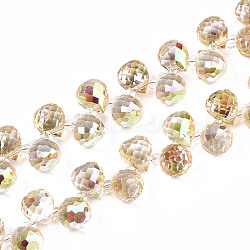 Transparent Glass Beads Strands, Top Drilled Beads, AB Color Plated, Faceted Teardrop, Champagne Yellow, Teardrop: 9.5x8mm, Hole: 0.8mm, Beads: 3~4x2.5~3.5mm, about 100pcs/strand, 23.62 inch(60cm)(GLAA-T006-14D)