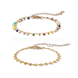 Brass Enamel Flower Link Chain Bracelets & Faceted Glass Charm Bracelets, with Brass Curb Chains, 304 Stainless Steel Lobster Claw Clasps and Velvet Bags, Golden, 7-1/2 inch(19cm), 2pcs/bag(BJEW-SZ0001-016G)