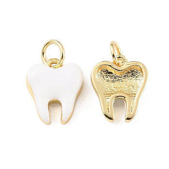 Rack Plating Brass Enamel Charms, Cadmium Free & Lead Free, Long-Lasting Plated, with Jump Ring, Teeth Charm, Real 18K Gold Plated, White, 11x9.5x3.5mm, Hole: 3.2mm