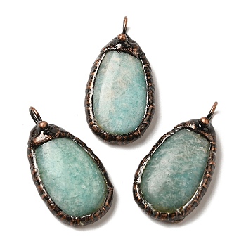 Natural Amazonite Pendants, Red Copper Tone Brass Teardrop Charms, 38x20.5x7.5~8mm, Hole: 5mm