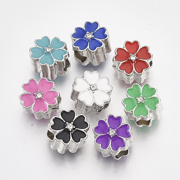 Platinum Plated Alloy European Beads, with Enamel, Large Hole Beads, Flower, Mixed Color, 11x8.5mm, Hole: 4.5mm