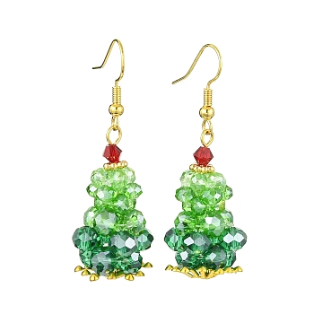 Christmas Theme Imitation Austrian Crystal & Electroplate Glass Dangle Earrings, with Brass Beads, Christmas Tree, Green, 48x17.5mm