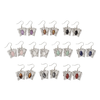 Natural Mixed Gemstone Butterfly Dangle Earrings for Women, Platinum Brass Jewelry for Women, Cadmium Free & Lead Free, 38mm, Pin: 0.6mm