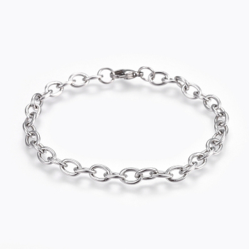 304 Stainless Steel Cable Chain Bracelets, with Lobster Claw Clasps, Stainless Steel Color, 8-3/8 inch(21.4cm)