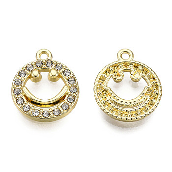Rack Plating Alloy Pendants, with Crystal Rhinestone, Cadmium Free & Nickel Free & Lead Free, Smiling Face, Light Gold, 17x14.5x2mm, Hole: 1.4mm