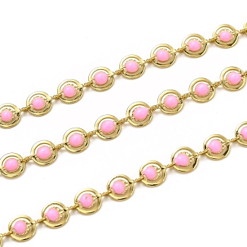 Brass Link Chains, with Enamel, Spool, Long-Lasting Plated, Unwelded, Flat Round, Golden, Pink, Links: 9x6x1.5mm