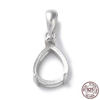 Rhodium Plated Rack Plating 925 Sterling Silver Pendants Cabochon Settings, Teardrop Prong Basket Setting, with 925 Stamp, Real Platinum Plated, 18x8x6mm, Hole: 3x4.5mm