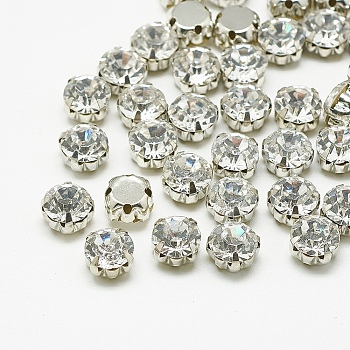 Sew on Rhinestone,  Glass Rhinestones, Montee Beads, with Brass Prong Settings, Garments Accessories, Flat Round, Platinum, Crystal, 3x2.5mm, Hole: 0.5mm, about 144pcs/gross