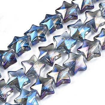 Electroplate Glass Beads Strand, AB Color, Star, Blue, 11.5~12.5x13x7mm, Hole: 1mm, about 55~56pcs/strand, 23.62 inch~ 25.20 inch(60~64cm)