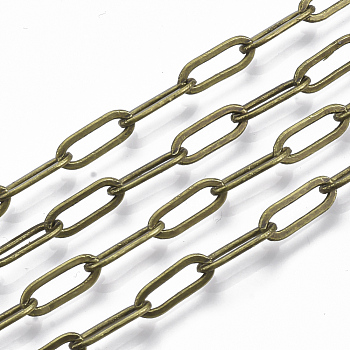 Brass Paperclip Chains, Flat Oval, Drawn Elongated Cable Chains, Soldered, with Spool, Cadmium Free & Nickel Free & Lead Free, Antique Bronze, 11x4.3x0.7mm, about 6.56 Feet(2m)/roll