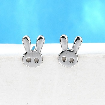 S925 Sterling Silver Stud Earrings, Platinum, Rabbit, 6.5x4.5mm