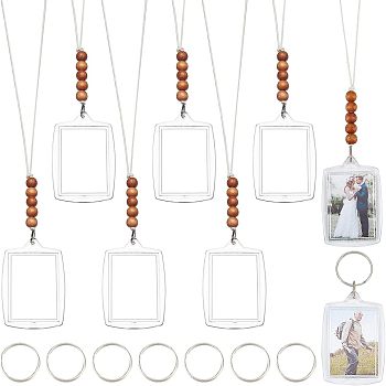 8Pcs Plastic Badge Holder Pendant Decoration, Hanging Photo Frame, with Waxed Cotton Thread Cords and Wood Beads, Clear, 292mm