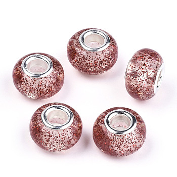 Epoxy Resin European Beads, Large Hole Beads, with Glitter Powder and Platinum Tone Brass Double Cores, Rondelle, Indian Red, 14x9mm, Hole: 5mm
