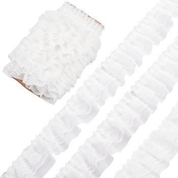 10M Double-Layer Pleated Polyester Chiffon Lace Trim, for Costume Decoration, White, 2 inch(50mm), about 10.94 Yards(10m)/Bag