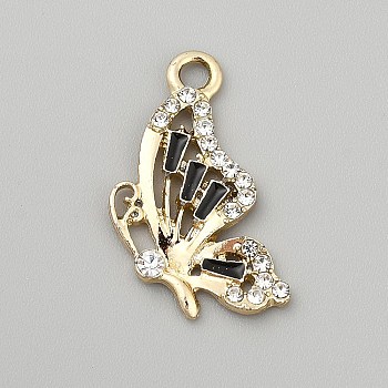 Alloy Enamel Pendants, with Rhinestone, Butterfly Charm, Black, 25x14.5x2.8mm, Hole: 2.4mm