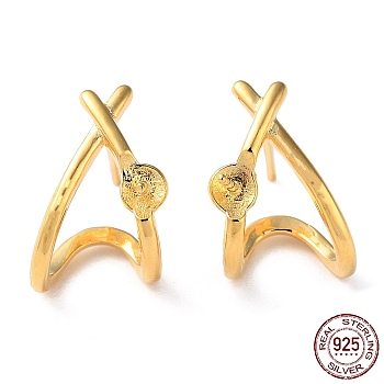 925 Sterling Silver Stud Earring Findings, Twist Triangle, for Half Drilled Beads, with S925 Stamp, Real 18K Gold Plated, 13x9mm, Pin: 11x0.7mm and 0.7mm