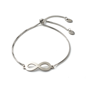 Infinity Symbol Charm Adjustable Slider Bracelet for Men Women, with 316 Surgical Stainless Steel Venice Chains, Stainless Steel Color,  Inner Diameter: 1/2~3 inch(1.3~7.6cm)