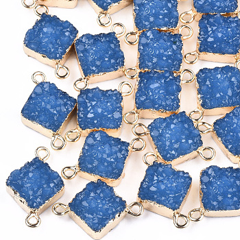 Electroplate Druzy Resin Links connectors, with Iron Findings, Rhombus, Light Gold, Dodger Blue, 22~23x15x7mm, Hole: 1mm