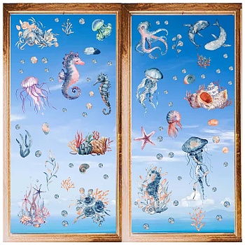 8 Sheets 8 Styles PVC Waterproof Wall Stickers, Self-Adhesive Decals, for Window or Stairway Home Decoration, Marine Animal, 200x145mm, 1 sheet/style