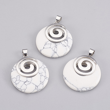 Synthetic Howlite Pendants, with Platinum Tone Brass Findings, Flat Round, 32x28x6mm, Hole: 4x5mm