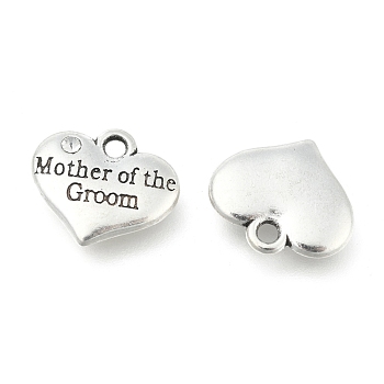 Wedding Theme Antique Silver Tone Tibetan Style Alloy Heart with Mother of the Groom Rhinestone Charms, Cadmium Free & Lead Free, Crystal, 14x16x3mm, Hole: 2mm