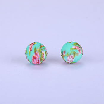 Printed Round with Flower Pattern Silicone Focal Beads, Colorful, 15x15mm, Hole: 2mm